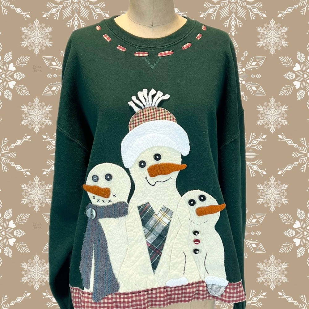 VINTAGE folk art snowman crewneck sweatshirt gingham ribbon folksy country XL